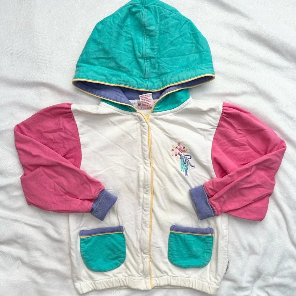 Vintage Gymboree Rainbow Tag Color Block Hoodie Jacket w/Flowers Girls 4T L RARE